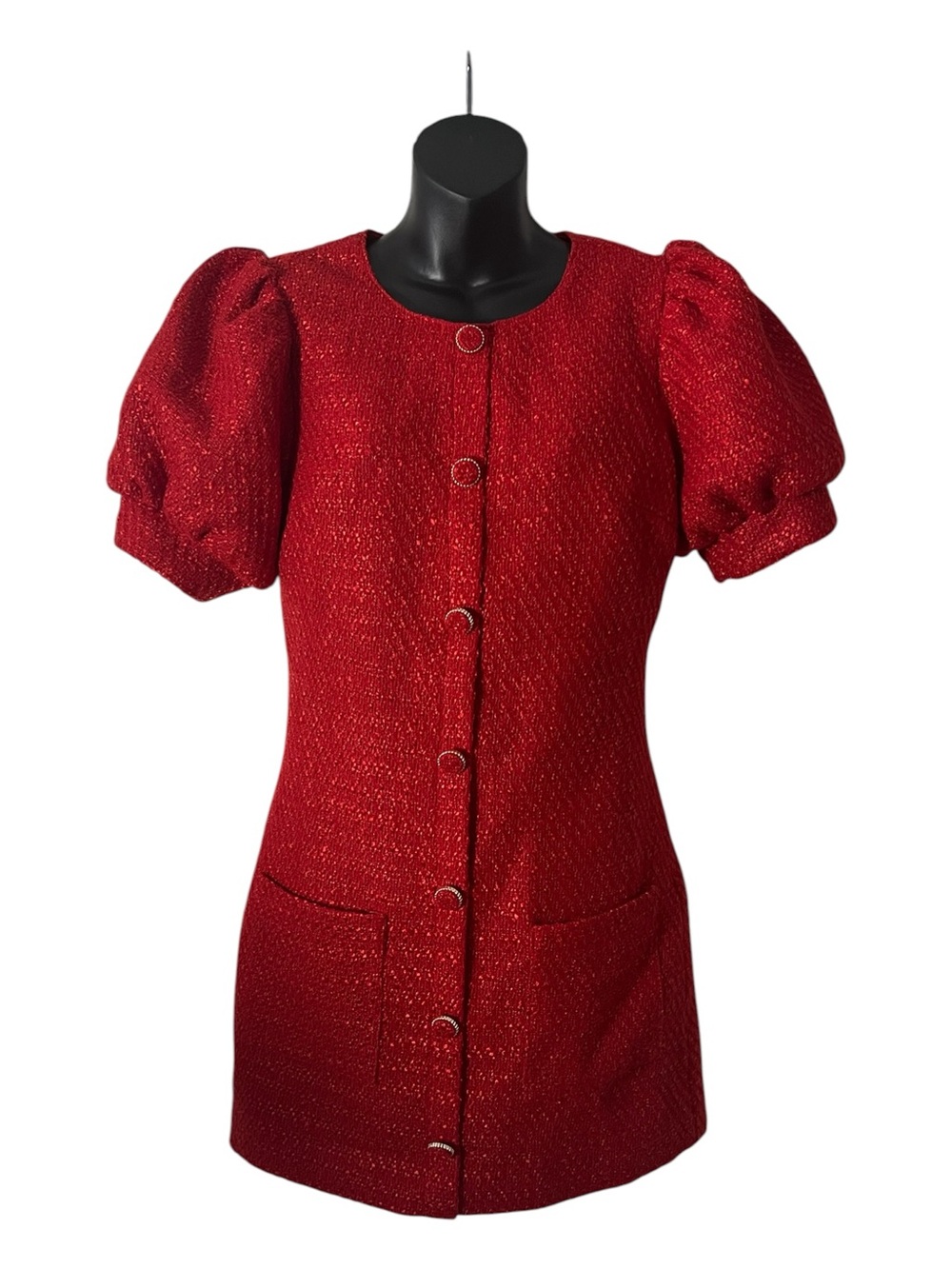Avera Red knee length button accent tweed dress with puff sleeves sz S
